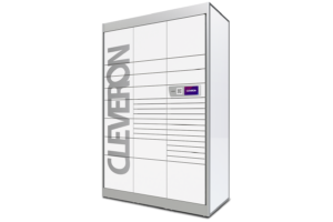 Cleveron 301 indoor parcel terminal in side view on a transparent background