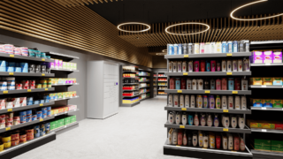 A supermarket aisle displaying various food items on shelves, with a parcel locker visible.