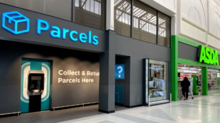 Cleveron 403 robotic parcel locker installed indoors at ASDA grocery store, increasing foot traffic as customers come to collect packages and make spontaneous additional purchases at ASDA.