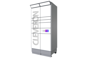 Cleveron 351 outdoor parcel terminal in side view on a transparent background