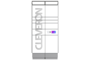 Cleveron 351 outdoor parcel terminal in front view on a transparent background