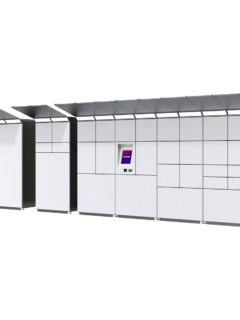 Side view of the Cleveron 355 parcel locker, depicting its modular design that allows for self-assembly of a machine tailored to one's required size. The roof is extra equipment.
