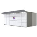 Side view of the Cleveron 355 outdoor parcel locker designed for oversized goods, highlighting its substantial depth for rear loading by companies and convenient front access for customers to retrieve products placed on pallets.
