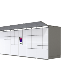 Side view of the Cleveron 355 outdoor parcel locker designed for oversized goods, highlighting its substantial depth for rear loading by companies and convenient front access for customers to retrieve products placed on pallets.