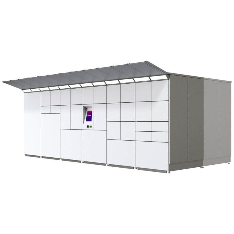 Side view of the Cleveron 355 outdoor parcel locker designed for oversized goods, highlighting its substantial depth for rear loading by companies and convenient front access for customers to retrieve products placed on pallets.