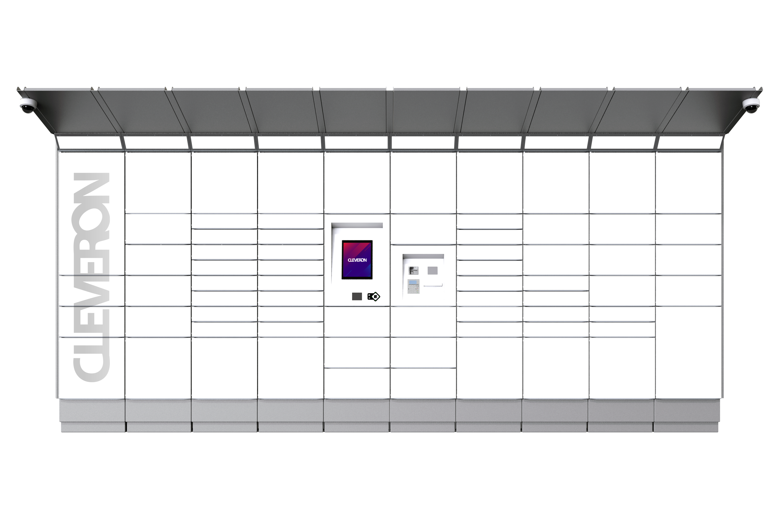 Cleveron 352 outdoor parcel terminal in front view on a transparent background